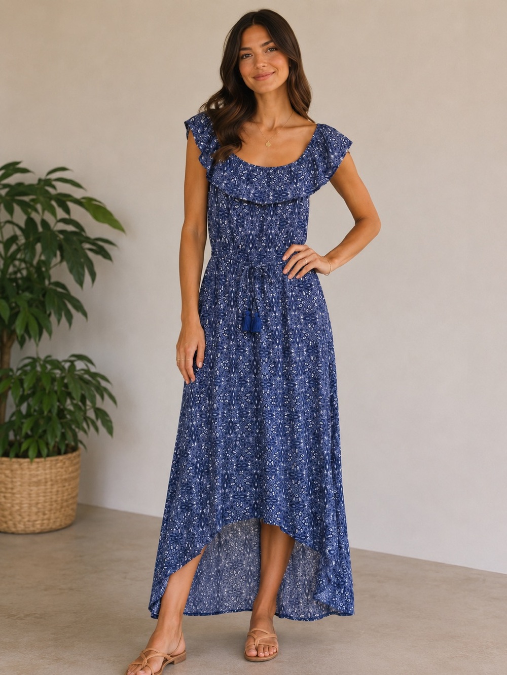 Kingston Grey Blue Paisley Hi Low Maxi Dress Ruffle Off Shoulder Size L NWT